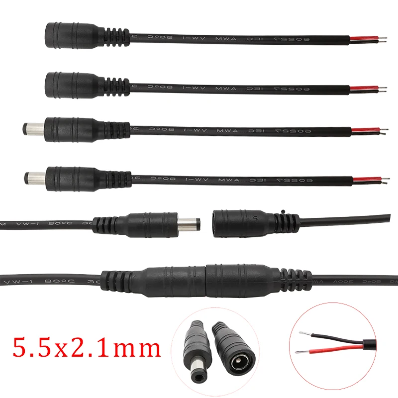 5/10Pair Black 12V 5.5x2.1mm DC Power Supply Pigtail Cable Male Female Connector Copper Wire Plug Jack For CCTV Camera LED Light |