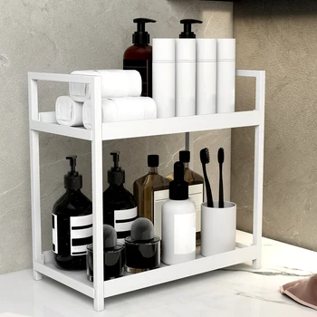 Scaffale portaoggetti da appoggio multifunzionale a 2 livelli, contenitore per cosmetici da bagno, portaspezie da cucina, grande capacità, bianco e nero 1