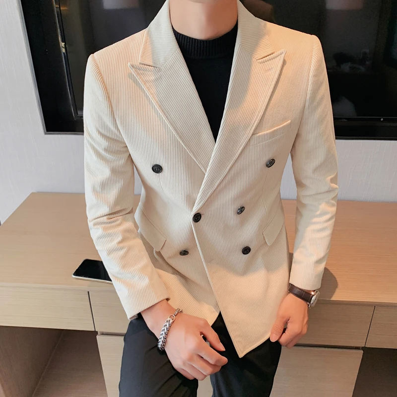 

New Autumn Winter Solid Double Breasted Corduroy Blazers Men Clothing Slim Fit Business Casual Suit Jacket Mens Coat Size 4XL-M