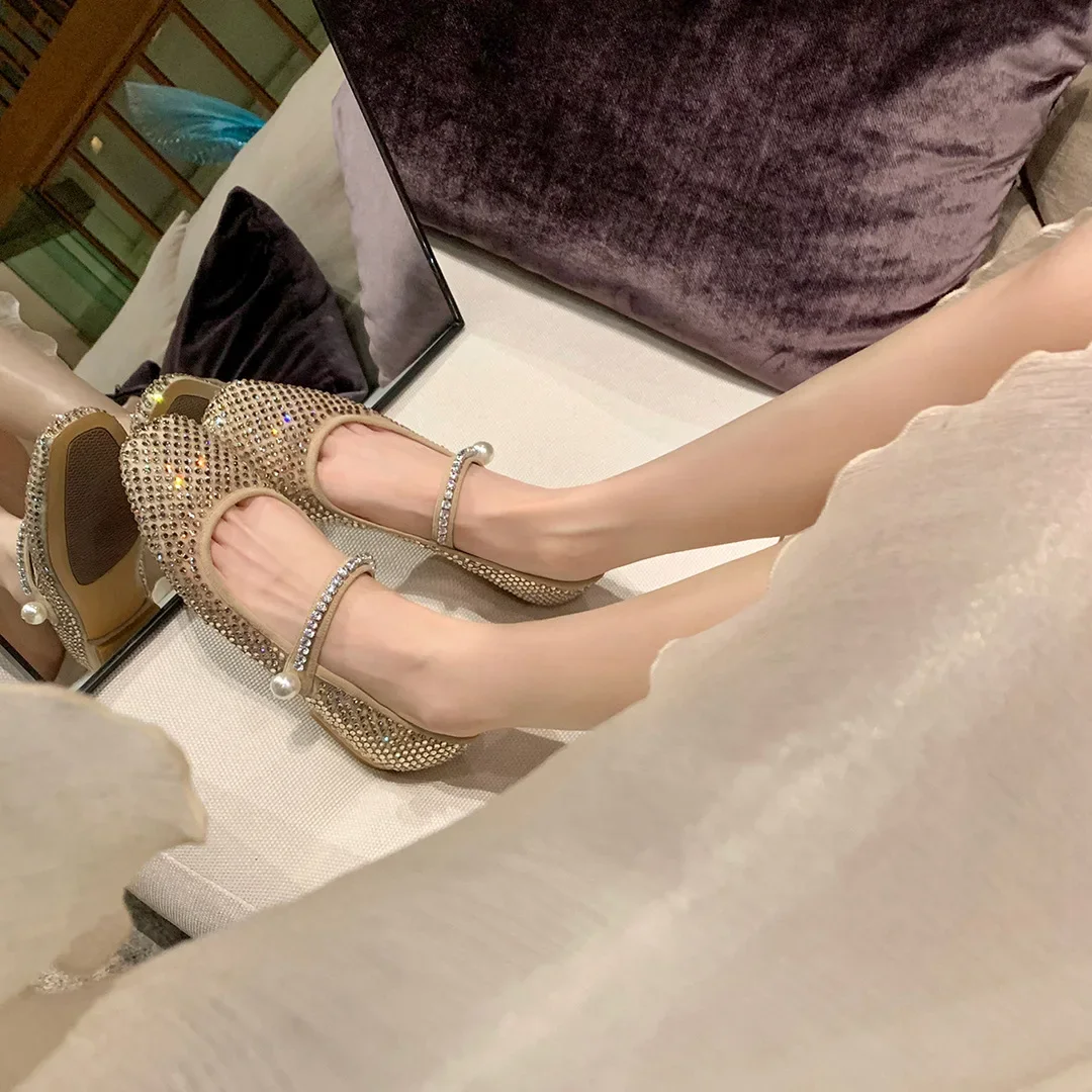 2025 Summer New Full Diamond Retro French Square Headed Mary Jane Women's Shoes Shallow Mouth Pearl Flat Bottom Grandma's Shoes 3