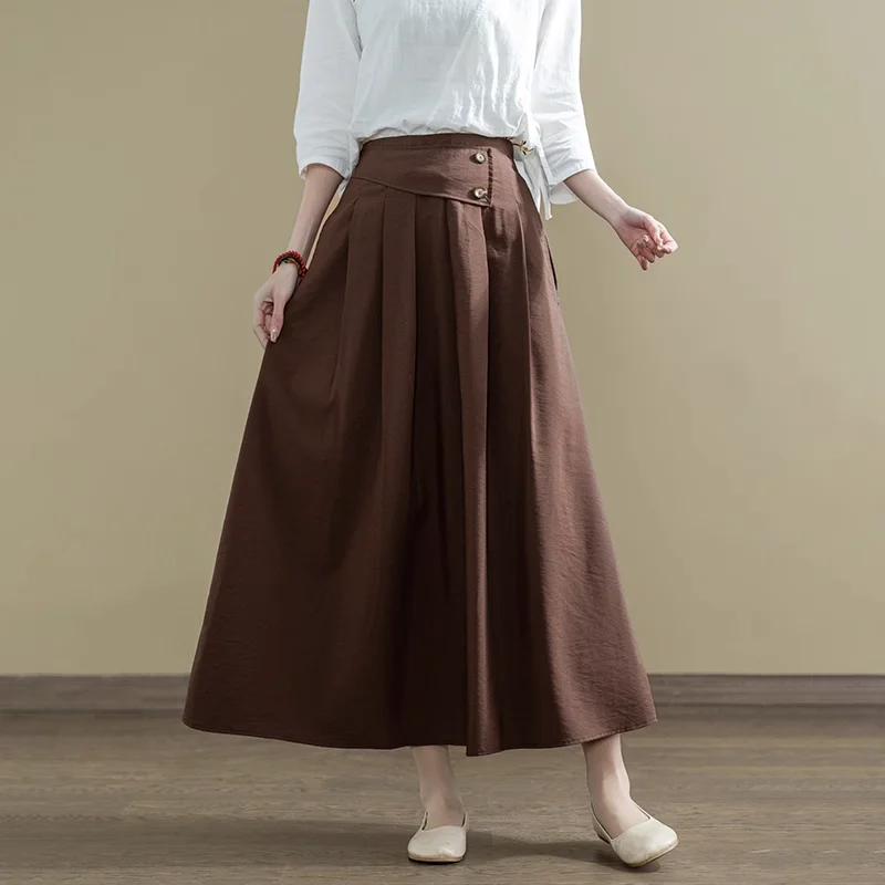 Free Shipping 2023 New Linen Fashion Long Maxi A-line Skirts For Women Elastic High Waist Summer Pockets Skirts Blue Brown Black dareu ek868 kaihl brown cornflower blue