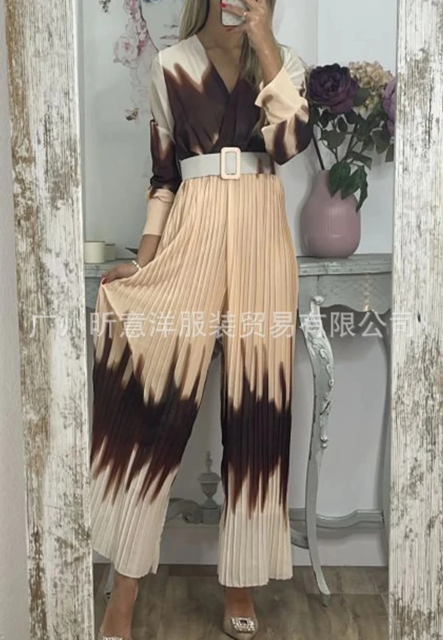 Women's Jumpsuit 2023 Female Clothing V-Neck High Waist Lace Up Gradient Tie-Dye Printed Long-Sleeved Pleated Wide Leg Jumpsuits