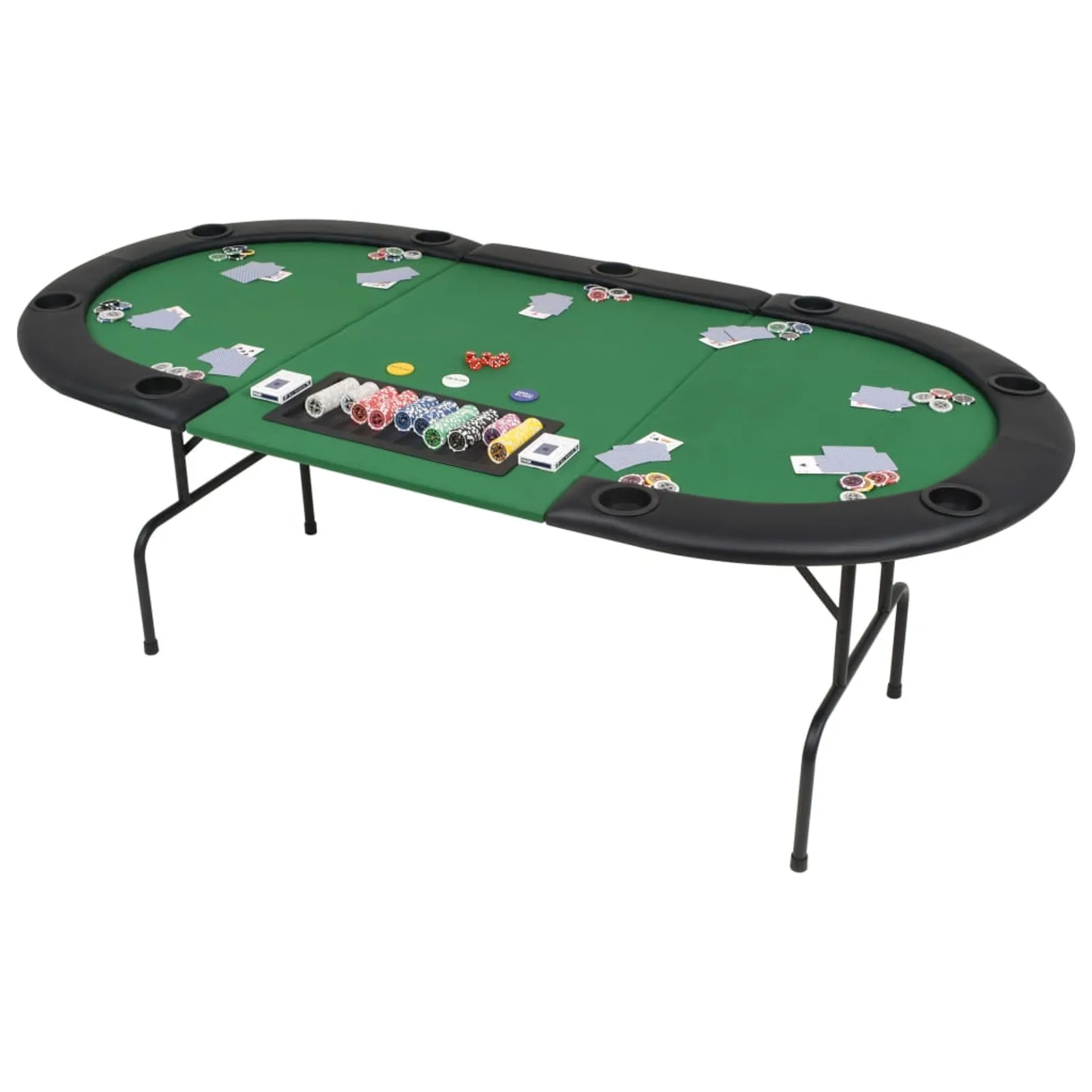 9-Player Folding Poker Table 3 Fold Oval Green Portable Casino Table for Game Room with Padded Rails and Cup Holders