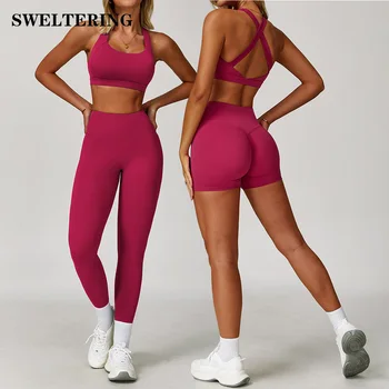 2PCS Fitness Suit Women's Tracksuit Yoga Sets Sportswear Workout Clothes Sports Bra High Waist Leggings Gym Clothing Sports Suit 1