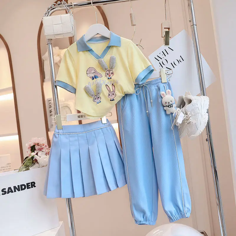 

Girls Teenager Cartoon Suit Sweet Short-sleeved Leggings Two-piece Set Outer Wear Casual Street Style Children's Sets