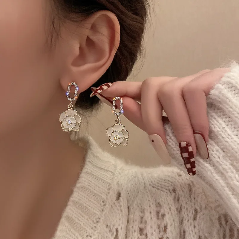 French Camellia Flower Rhinestone Earrings Drop Stud Earrings Wedding Bride Jewelry for Women for stud earrings,drop earrings,dangle earrings,silver jewelry,crystal earrings,long earrings,flower earrings,rose earrings