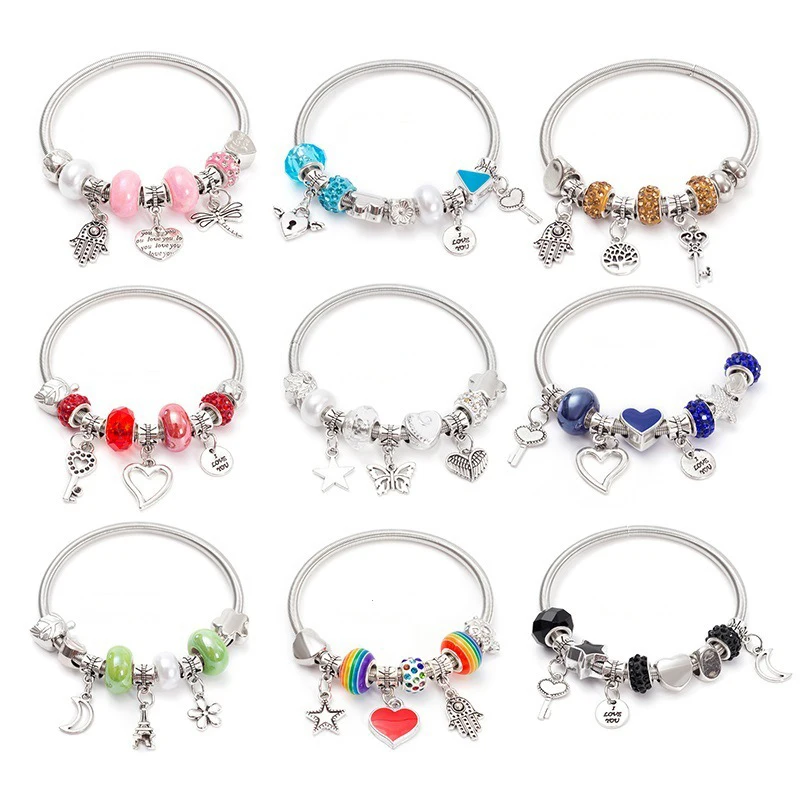 

Fashion Simple Pandora Glazed Gem Beads Key Lock Love Hanging Bracelet Light Luxury Vintage Bangle For Women Jewelry Gift