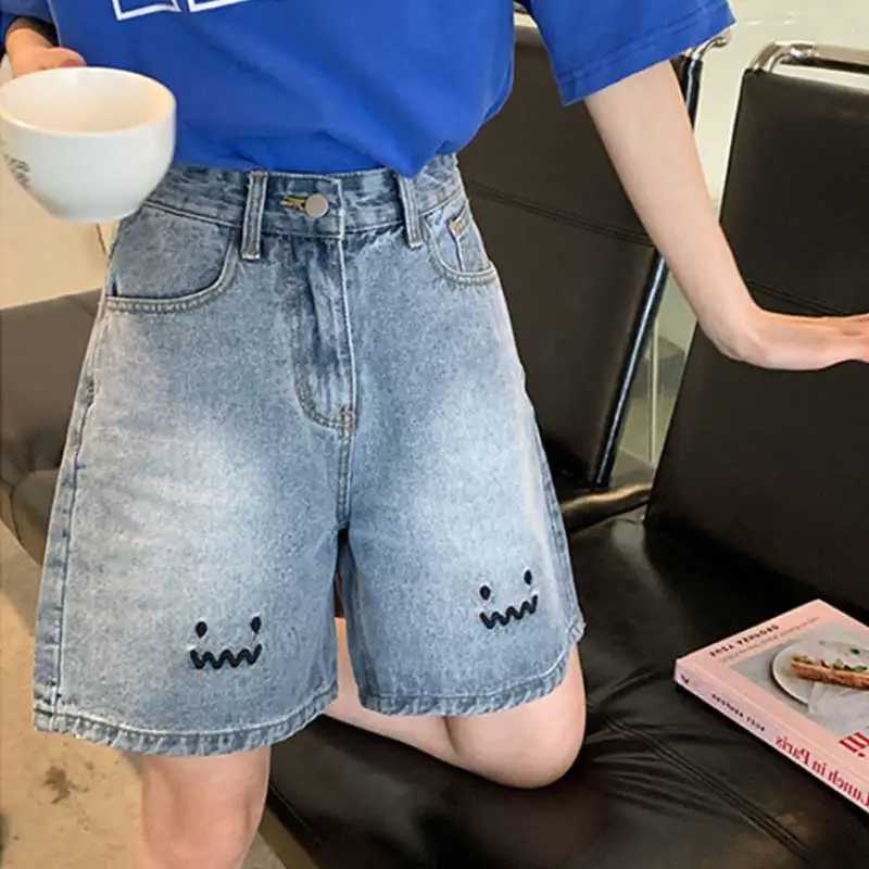 Women Jeans Shorts Streetwear Summer Cute Embroidery Denim Shorts High Waist  Wide Leg Baggy Half Pants Harajuku Clothes Y2K