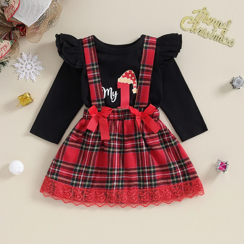 

My First Christmas Baby Girl Outfit Long Sleeve Romper Top Elk Print Plaid Suspender Skirt Headband Set Xmas Clothes