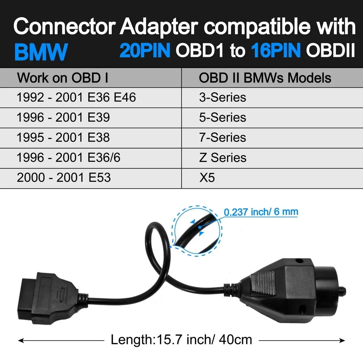 For BMW 20pin to OBD2 16pin connector cable OBD OBD2 adapter cable for BMW e36 e39 X5 Z3 scan tool cable 3