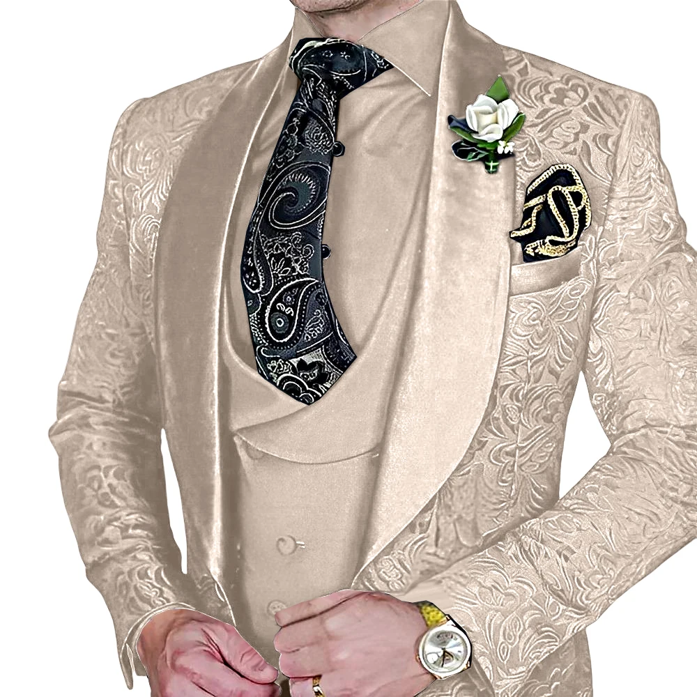 Fashionable Paisley Men's 3-piece Suit Set, Jacquard One Button Blazer, Vest Pants Formal Wedding Party Suits for Men 2
