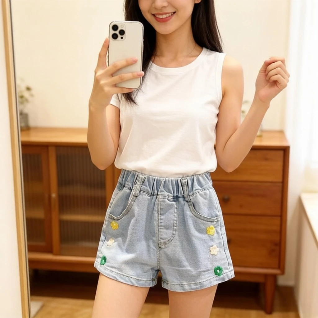 1-5세 여아용 자수 꽃무늬 화이트 데님 반바지, 여름용 프리워시드 핫팬츠, 부드러운 면 소재 용 반바지