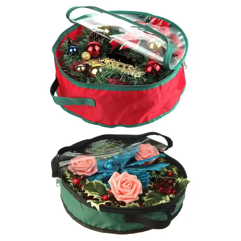 Christmas Wreath Storage Bag with Transparent Cover Seasonal Holiday Wreath Storage Container with Handle and Zipper