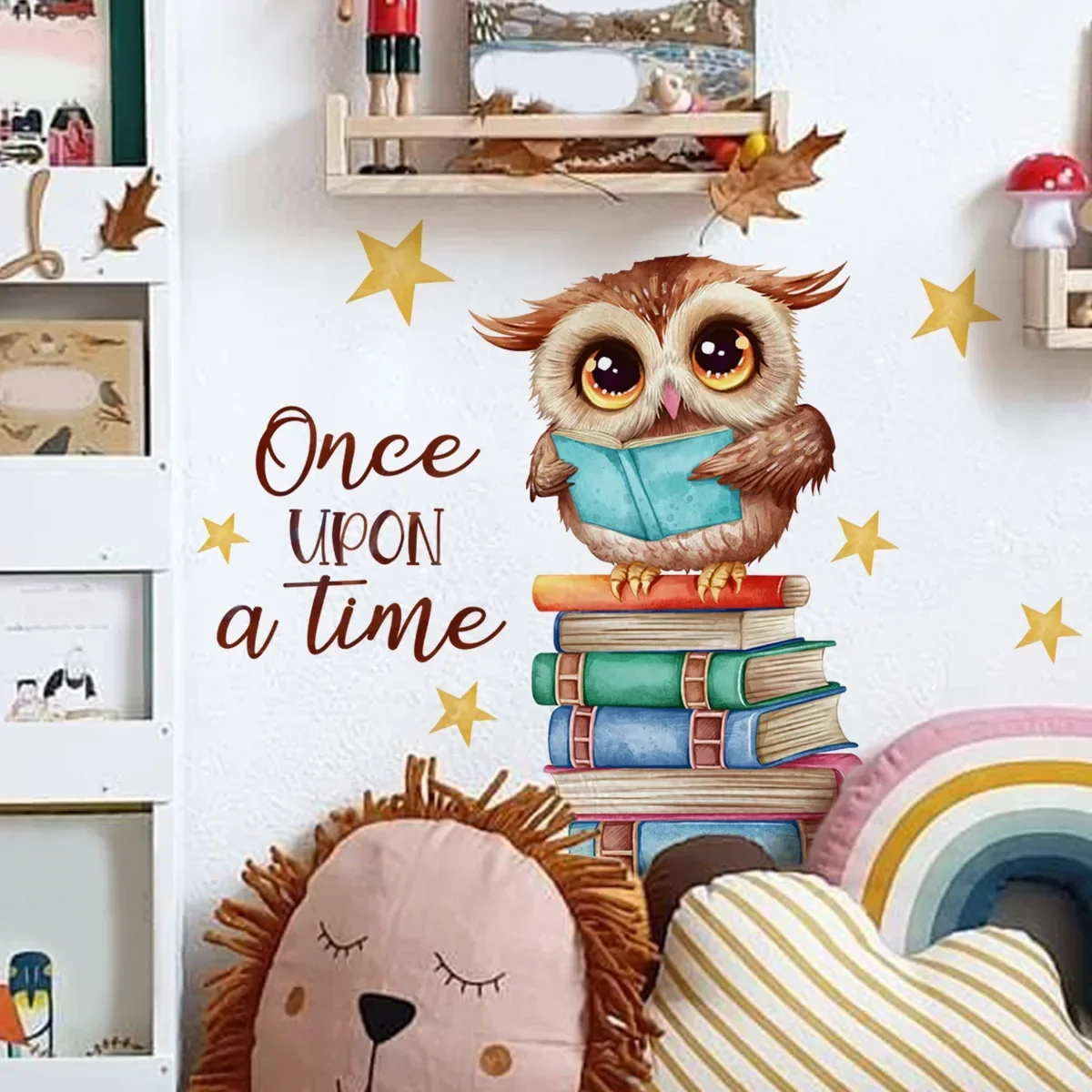 Cute Cartoon Reading Book Owl Wall Sticker Boy Girl Kid Bedroom Study Room Kindergarten Classroom Library Wall Anime Decoration