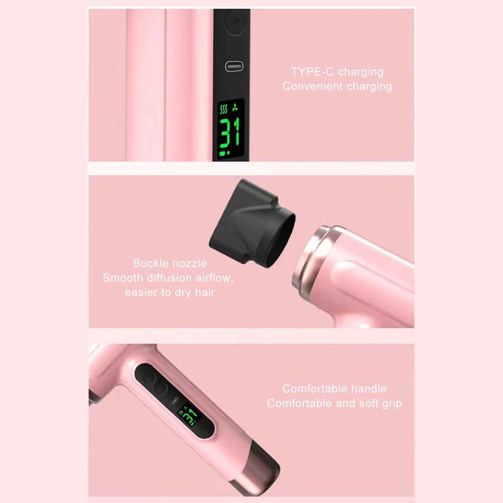 냉온풍 헤어 드라이어 USB 충전식 인체공학적 그립 휴대용 헤어 드라이어 15000mAh 경량 200W 기숙사용 이미지 4