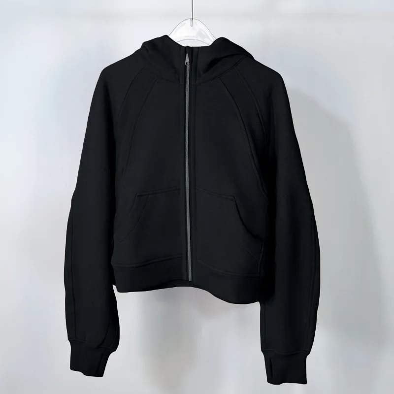 

Luluwear Winter Fleece Hoodie Jackets Women Loose Full Zip Thumb Hole Autumn Warm Black Sports Short Coat Outdoor Crop Sweater