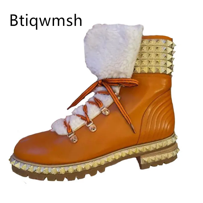 

Gold Rivet Fur Ankle Boots Woman Round Toe Real Cow Leather Low Heels Lady Sexy Shoes Winter