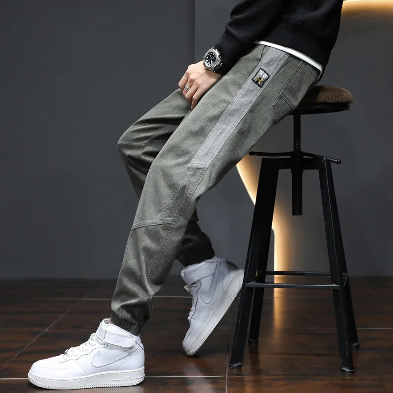 

Lanyard Tie Foot Imitation Denim Casual Pants Men's Youth Port Wind Loose Type Overalls Men's Elastic Splicing Nine Points Pants