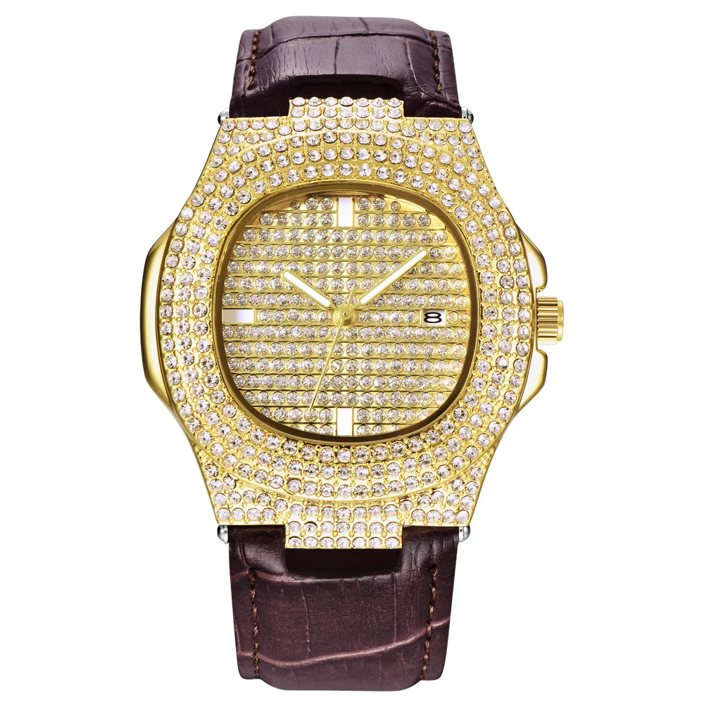 Mens Watch Luxury Iced Out Diamond Watches Fashion Leather Strap Quartz Wristwatches Male Clock Relogio Masculino Drop Shipping 2