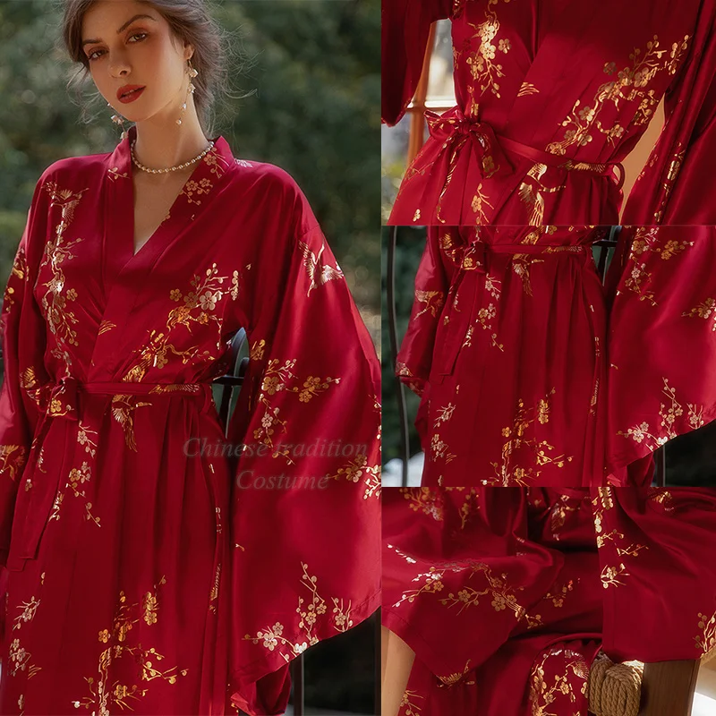 Elegant Burgundy Kimono Robe with Bronzing Flower Design