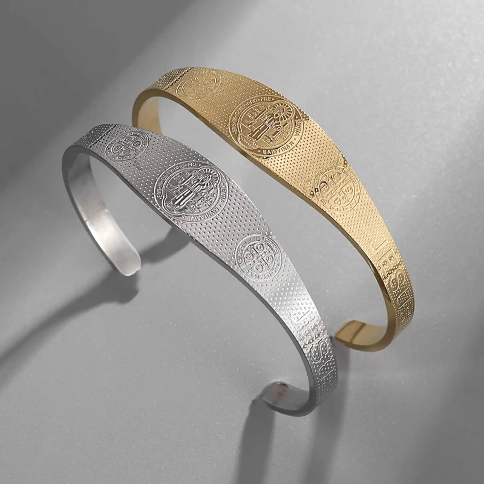 Saint Benedict Open Bangle Bracelet - Blessing & Protection Stainless Steel Jewelry Gift