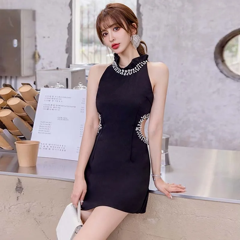 

Women's French Elegant Sleeveless Sexy Hollow Out Waist Rhinestone Beading Bodycon Party Dress 2023 New Summer Black Mini Dress