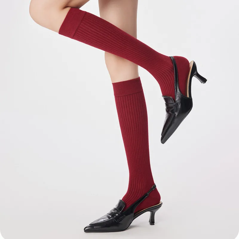 Autumn New Woolen Striped Long Knee High Socks Korean White Red Boneless Calf Socks Women Solid High Tube Slimming Stacked