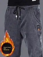 Men's Fce Lined Elastic Waist Thiened Stretchy Jeans Autumn Winter Casual Wear Resistant Stain Proof Slim Fit mid Waist