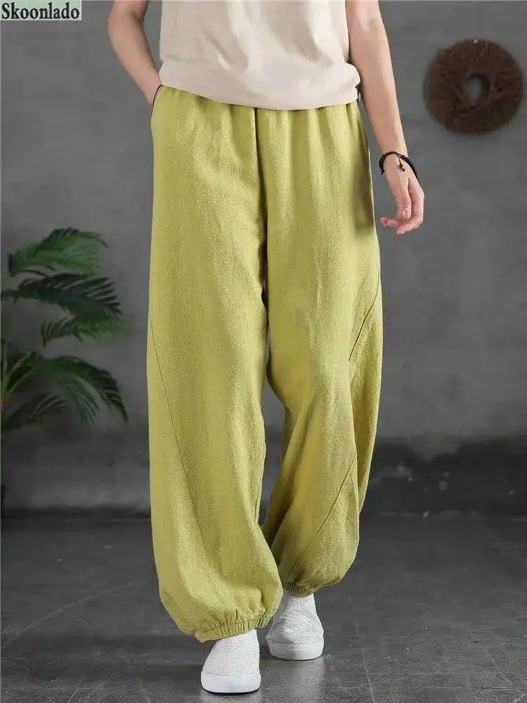 

Summer Cotton Linen Thin Women Pants Retro Bloomers Spring Straight Leggings Loose Thin Solid Color casual Pants Lady Trousers