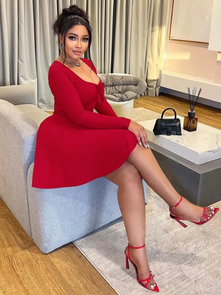 Wmstar Plus Size Women Dresses 2025 Wholesale Sexy Squared Collar Top Bodycon High Waist Long Sleeve Dress Drop Shipping Summer