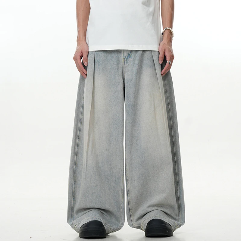 IEFB Simple Men's Denim Pants Droop Pleated Droop Washing High Street Casual Solid Color Straight Wide Leg Male Trousers 9C8878 2