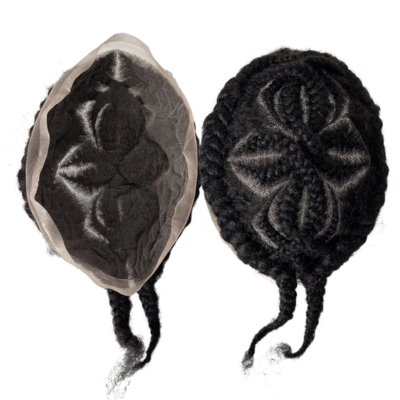Brazilian Virgin Human Hair Replacement Color Black Afro Flower Cornrow Braids 8x10 Full Lace Toupee Male Unit for Black Men