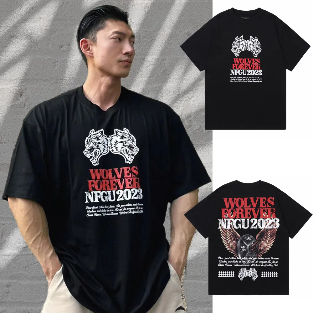 New Summer Wolf Head Fitness Bodybuilding Training T-Shirt Pure Cotton Short Sleeve Sport Tee for Men Casual Streetwear