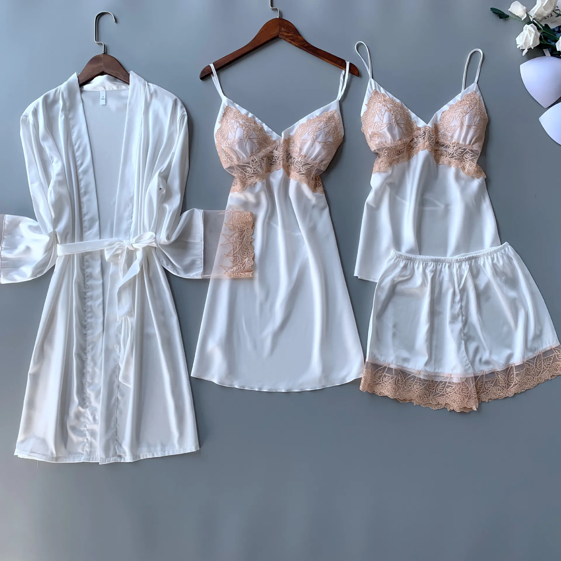 Pajamas women's four-piece summer sexy lace long-sleeve nightgown ice silk suspenders nightdress embroidered backless home cloth