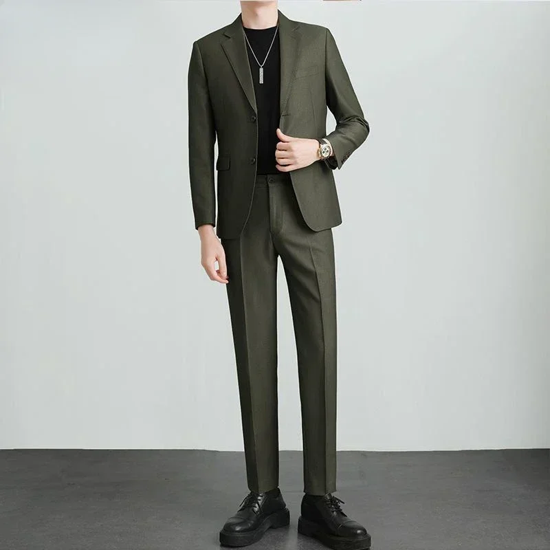 Blazer ajustado coreano de alta calidad 2024, traje completo para hombre, tendencias de colores sólidos, conjunto de traje de 2 piezas, disfraces de hombre, moda casual