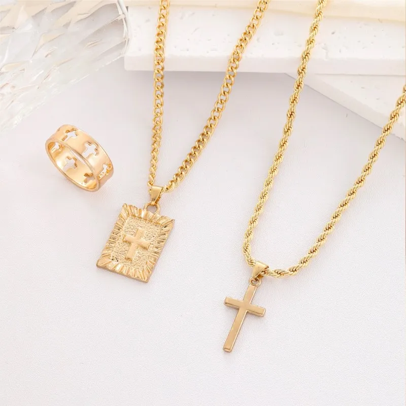 3pcs/set Trendy Hip-hop Cross Pendants Jewelry Sets for Women New Fashion Necklace Rings Statement Party Jewelry Gifts