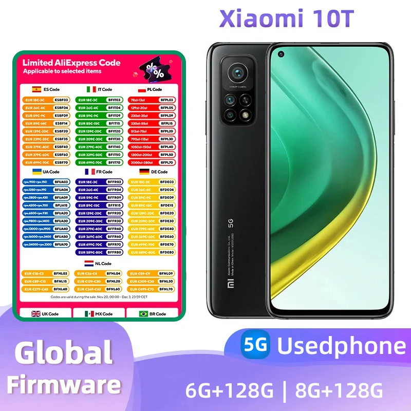 Xiaomi 10T 5g Smartphone CPU Snapdragon 865 Android 6.67 inches RAM 6GB ROM 128GB 64MP Camera Original Used phone