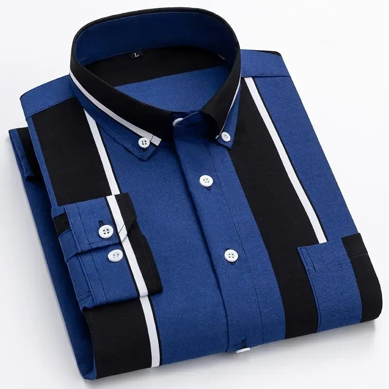 2024 Spring and Autumn Men's Pointed Neck Loose Button Pocket Printed Stripes Casual Fashion Elegant Commuter Long Sleeve Shirt