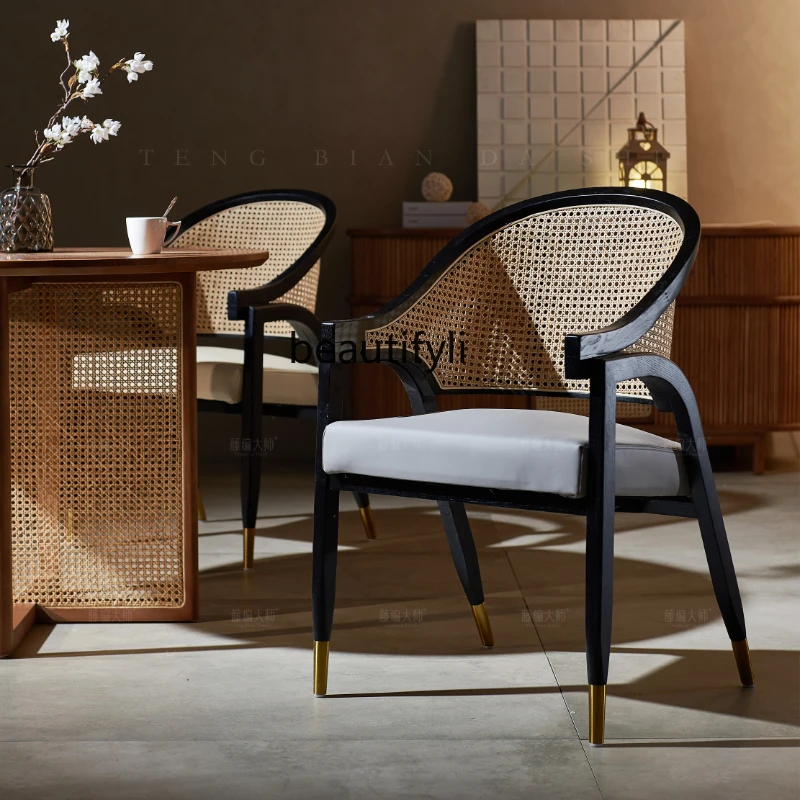 

Chinese Dining Chair Solid Wood Rattan Leisure Chair Coffee Shop Restaurant Soft Bag Armchair Single Rattan Chair