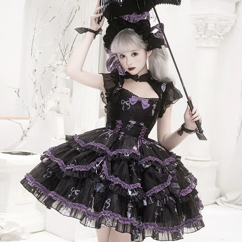 

Lolita JSK Halter Dress Fly Sleeve Cake Skirt Girls Daily Dresses Lace Ruffle Tea Party Princess Dress