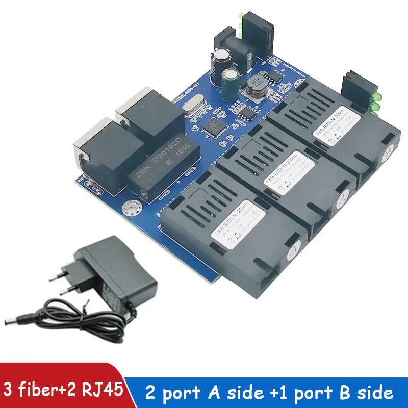 Fast Ethernet switch Converter 20KM Ethernet Fiber Optical Media Converter Single Mode 2 RJ45 3 SC fiber Port 10/100M 3F2E