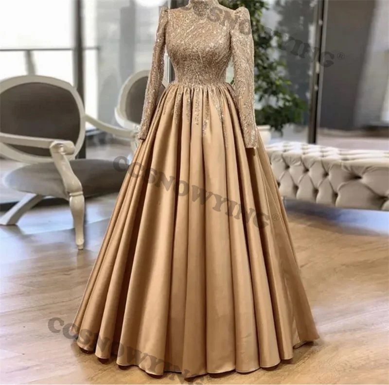 

Appliques Beaded Muslim Evening Dress Satin Long Sleeve High Neck Islamic Formal Party Gowns Arabic Dubai Women Robe De Soirée