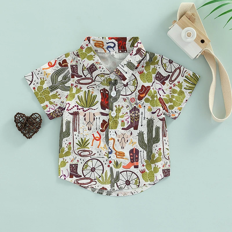 FOCUSNORM 1-5Y Summer Causal Kids Boys Shirts Tops 5 Colors Cartoon Printed Lapel Neck Short Sleeve Single Breasted Clothes boys short sleeve shirts