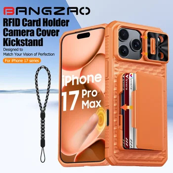 With Card Holder Sliding Camera Cover And Stand For iPhone 17 Pro/17 Pro Max Phone Case, Anti-Fall PC+TPU Wallet Case-Orange 1