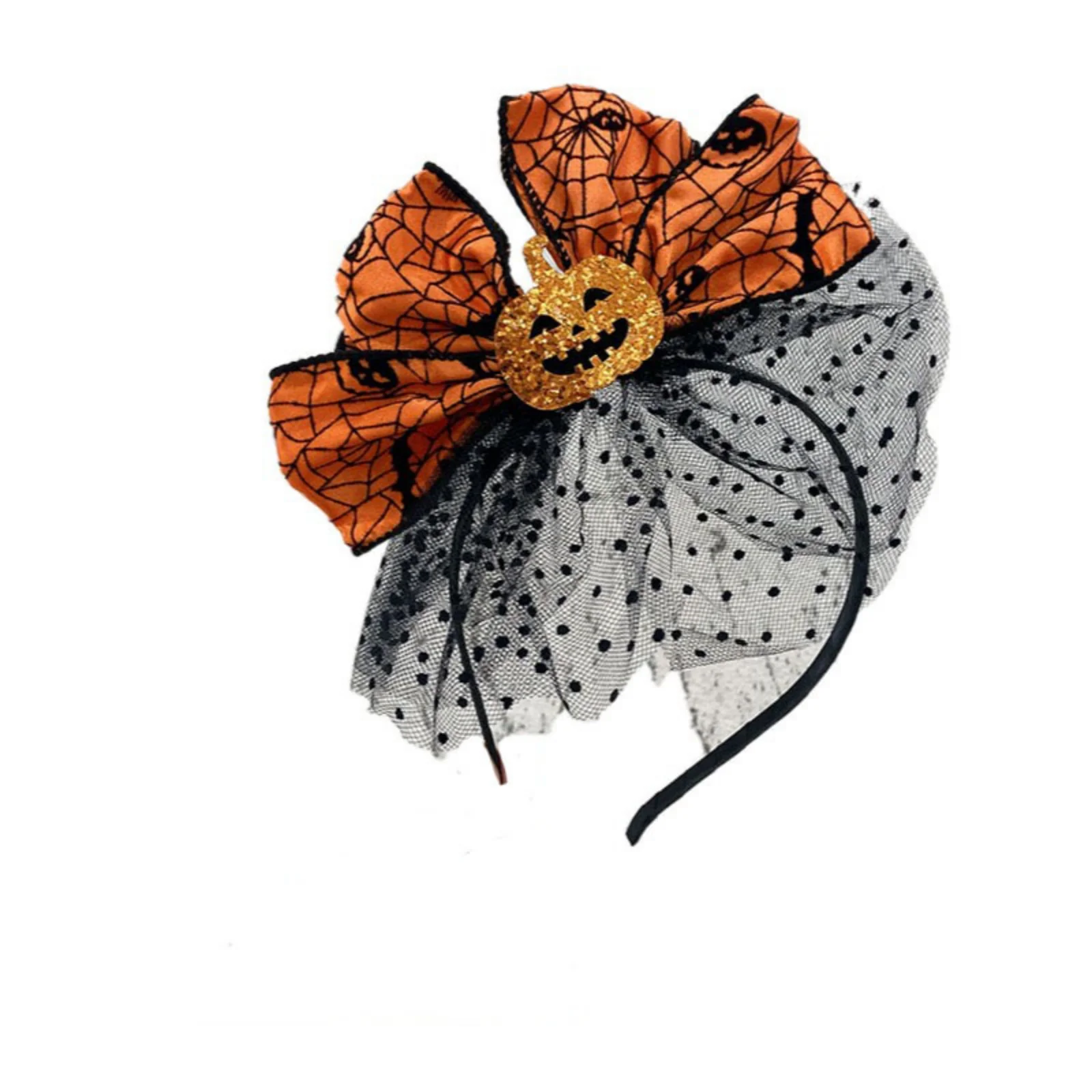 1PC  Halloween Themed Headband, Orange Pumpkin Bow With Spider Web & Black Mesh, Festive Hair Decor