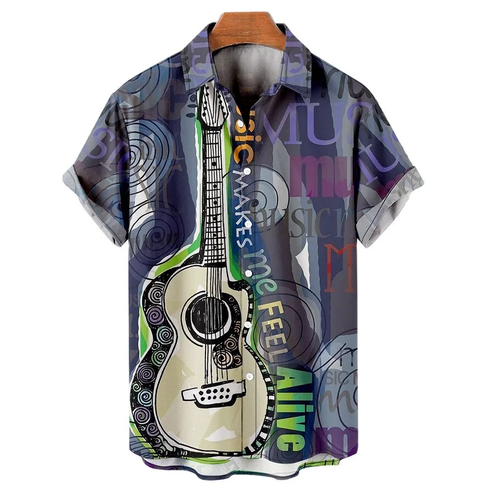 

2023 Music Guitar Print Shirts For Men Rock Hip Hop Tops Male Clothing Short Sleeve V-Neck Beach Ahloa Shirts High Quality