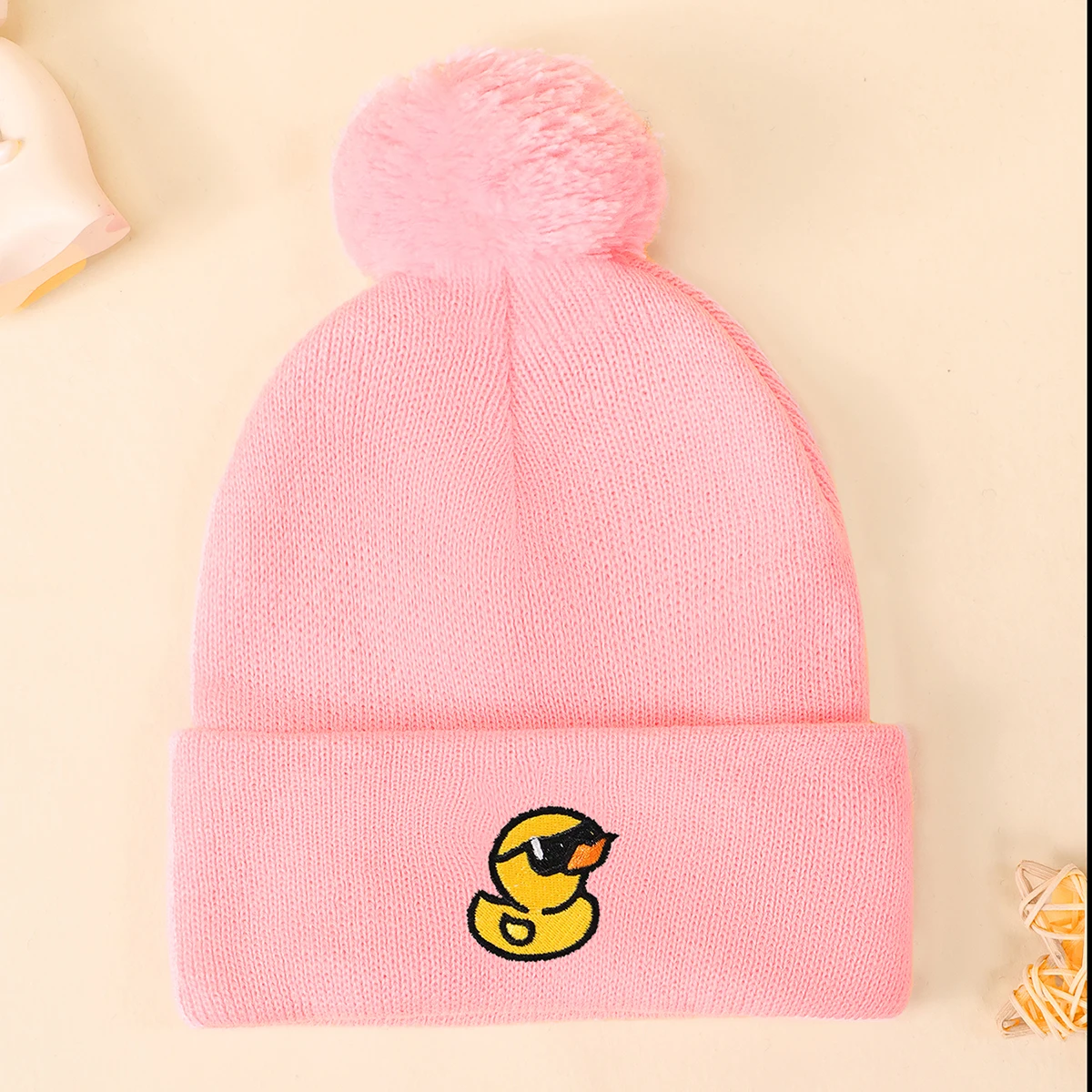 1pc Kids' Beanie Hats with Pom-Pom and Embroidered Cute Duck-Stretch Fit Knit Caps for Boys, Suitable for Outdoor