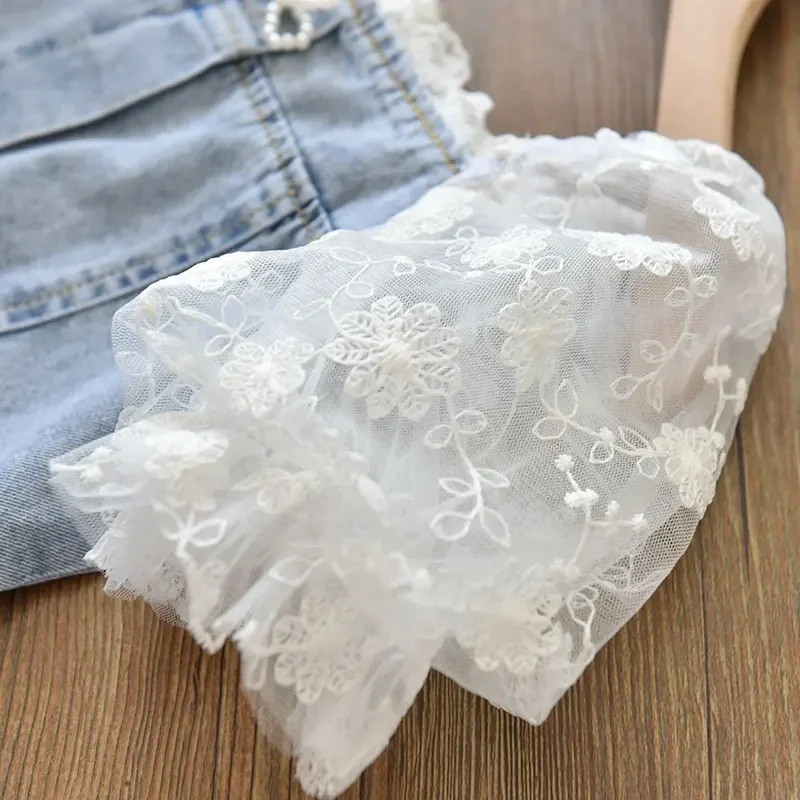 Girls Dress Children Girls Beads Lace Sleeve Denim Dress Toddler Summer Dress