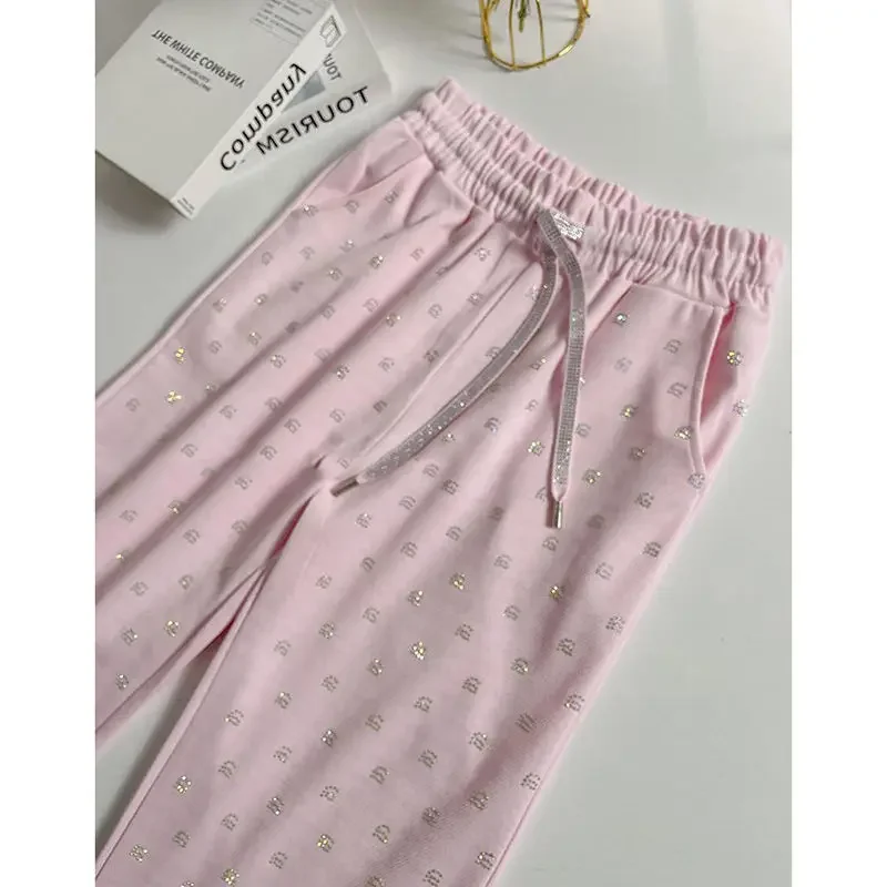 2024 New Style Women Set Two Piece Summer Pink Top Slim Fit+Sparkling Pants