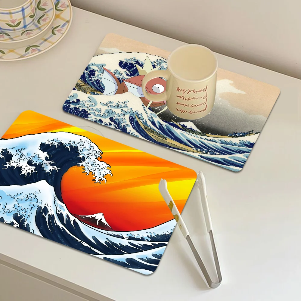 Japanese Wave Art Kitchen Dish Mat Absorbent Dining Table Mats Retro Non-slip Placemat Coffee Dish Tableware Mat for Home Decor 5
